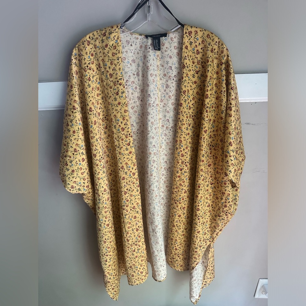 Forever 21 Yellow Floral Open-Front Kimono Cape